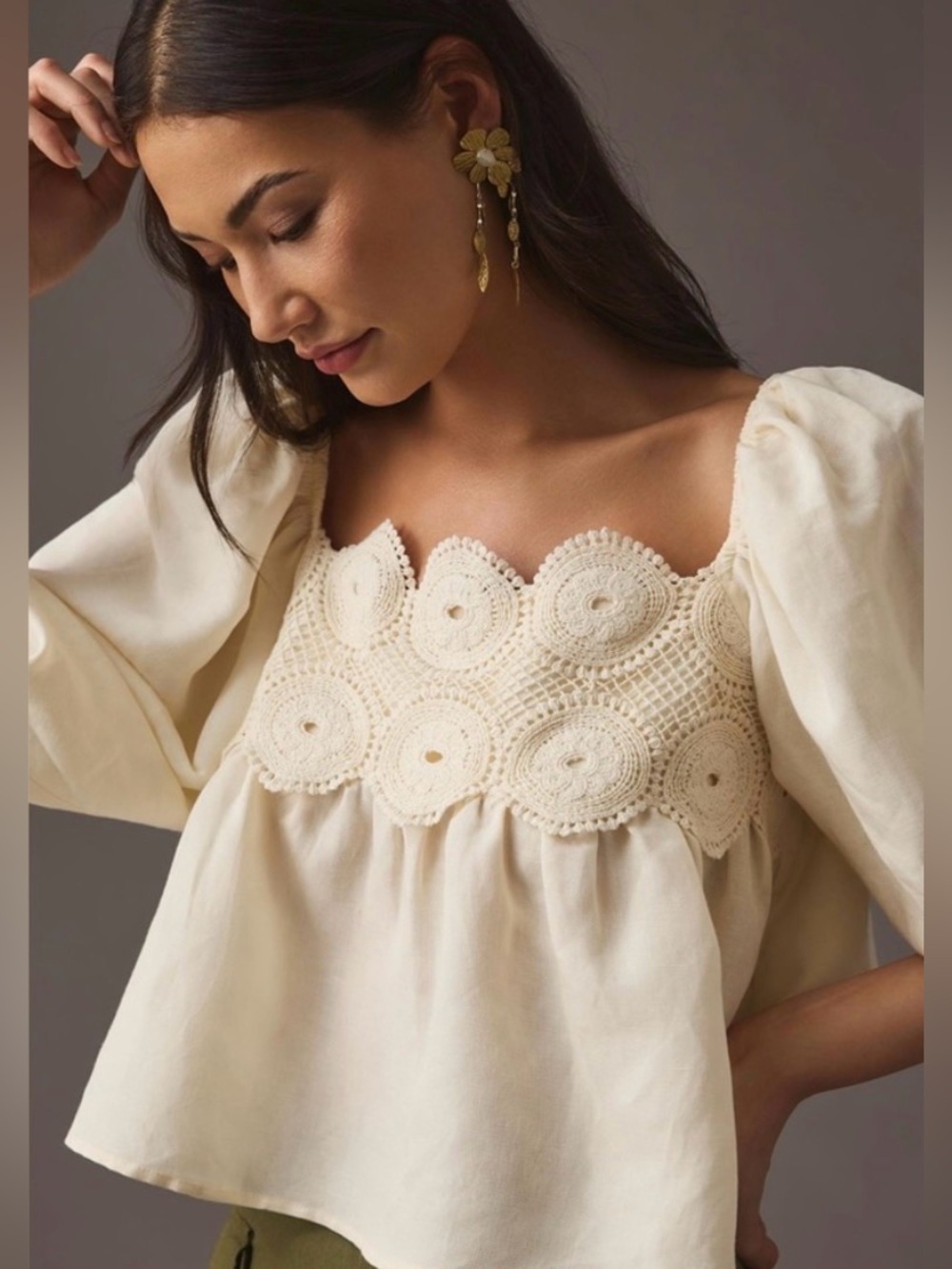 By Anthropologie Linen Crochet Babydoll Top XS Cream Puff Sleeve Blouse